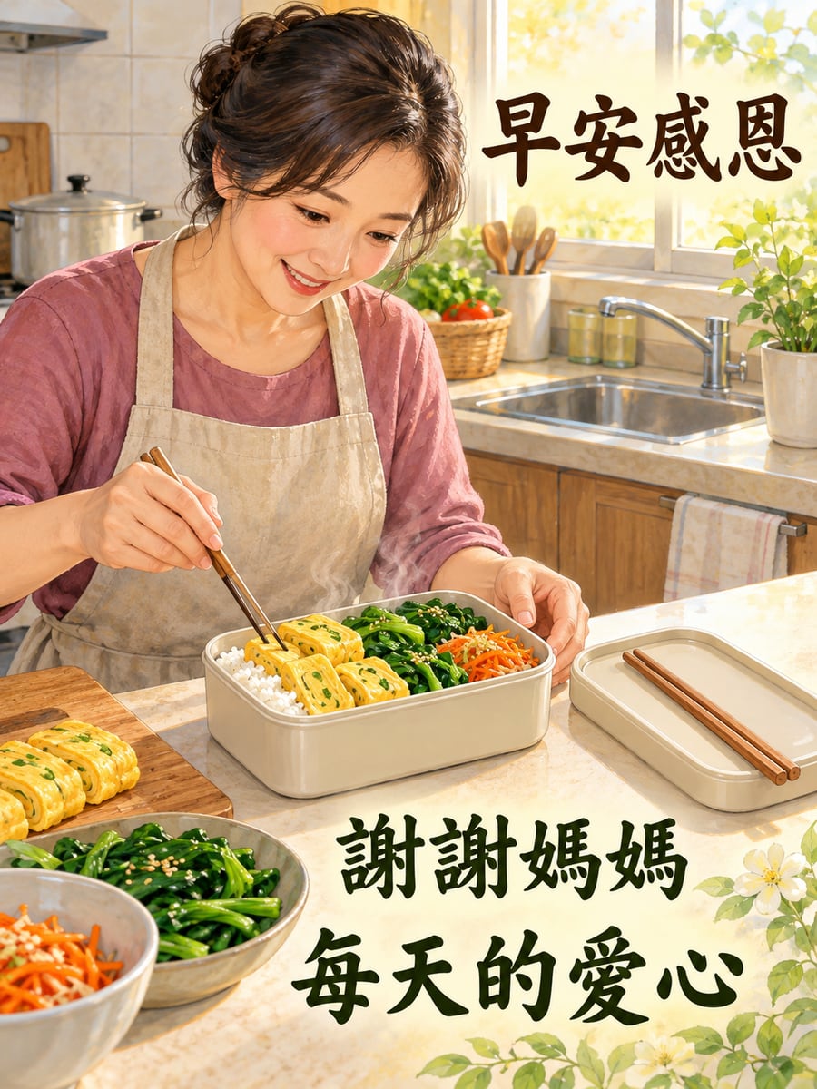 媽媽準備的便當。圖中文字：早安感恩，謝謝媽媽，每天的愛心