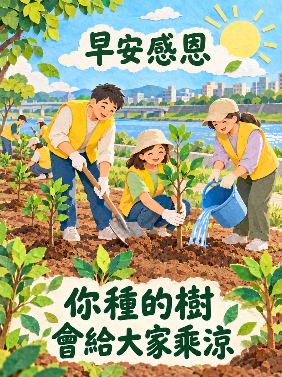 一起種樹的志工。圖中文字：早安感恩，你種的樹，會給大家乘涼
