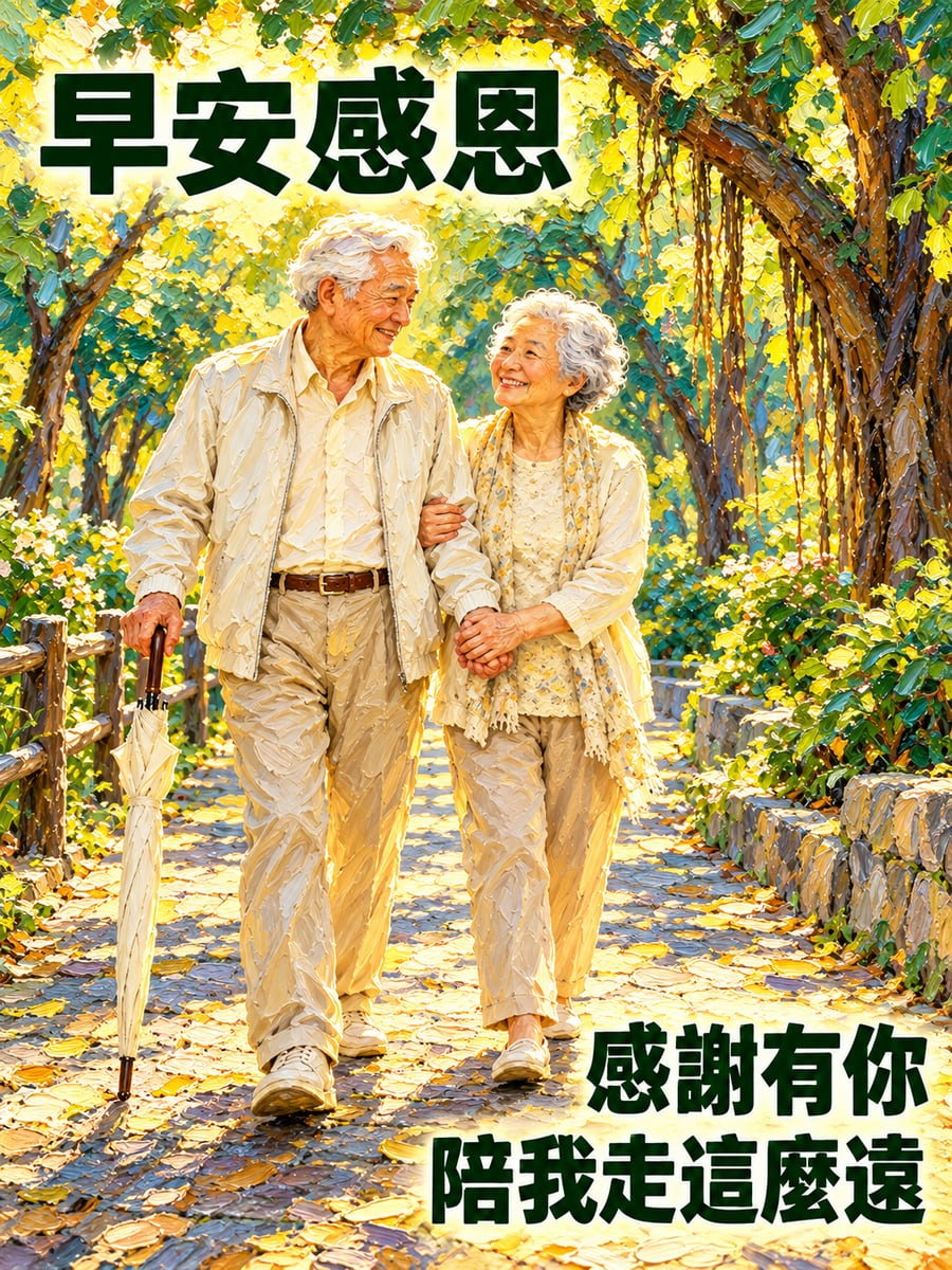 牽手散步的老夫妻。圖中文字：早安感恩，感謝有你，陪我走這麼遠