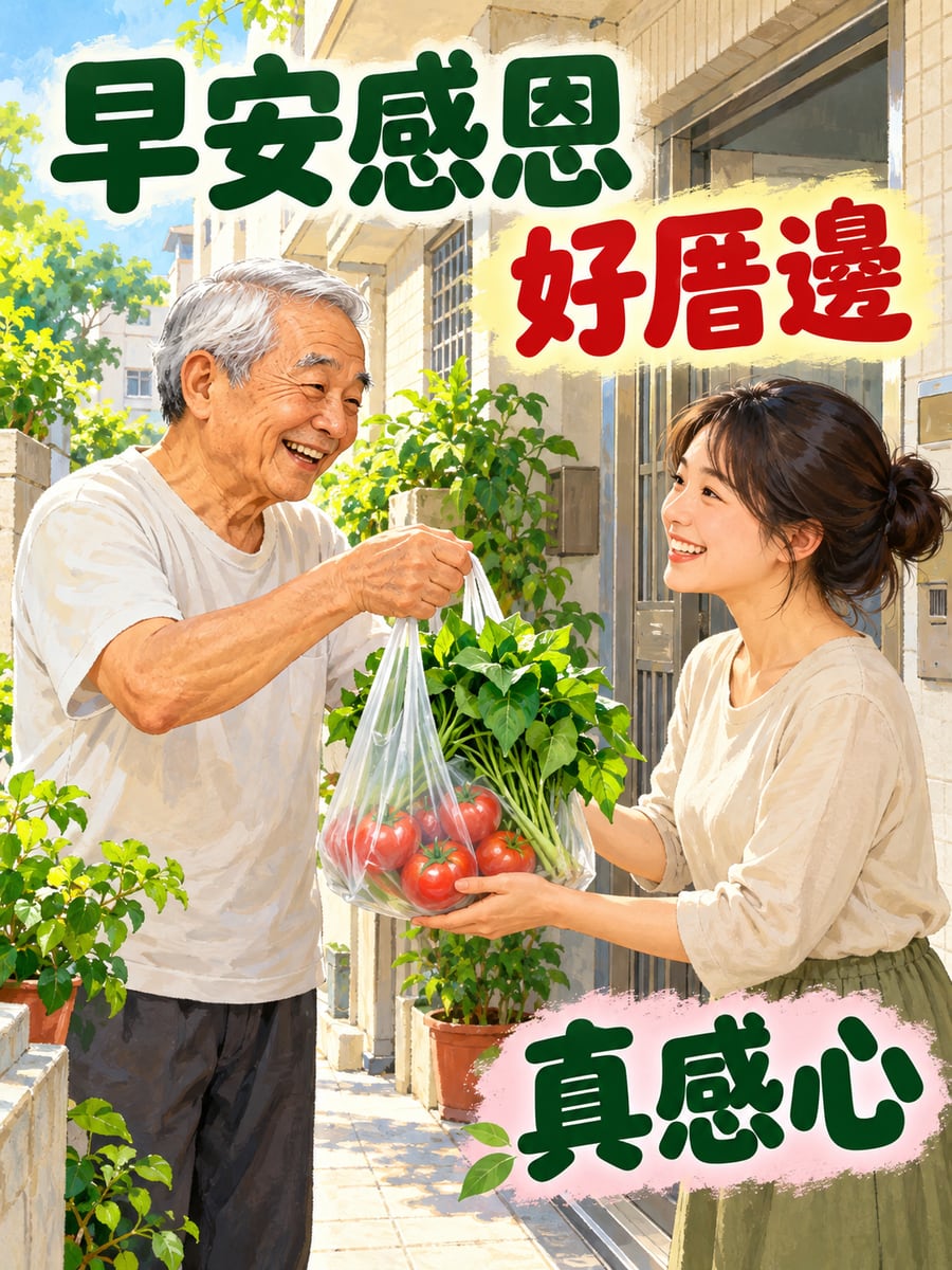 鄰居分享的青菜。圖中文字：早安感恩，好厝邊，真感心