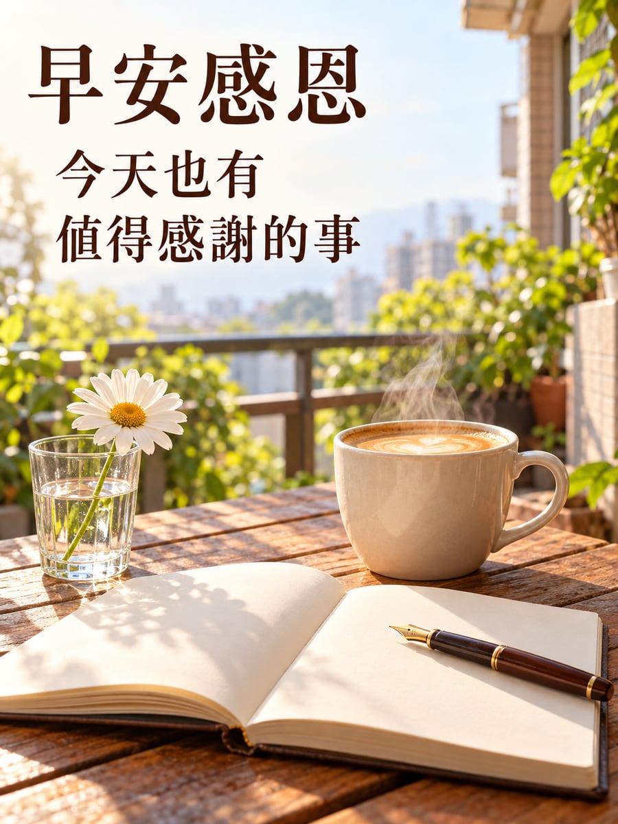 陽台上的拿鐵與手帳。圖中文字：早安感恩，今天也有值得感謝的事