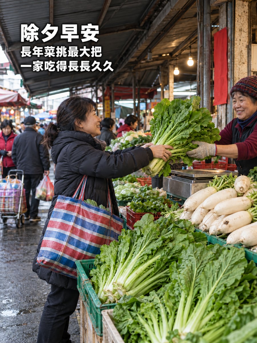 除夕早市長年菜。圖中文字：除夕早安，長年菜挑最大把，一家吃得長長久久