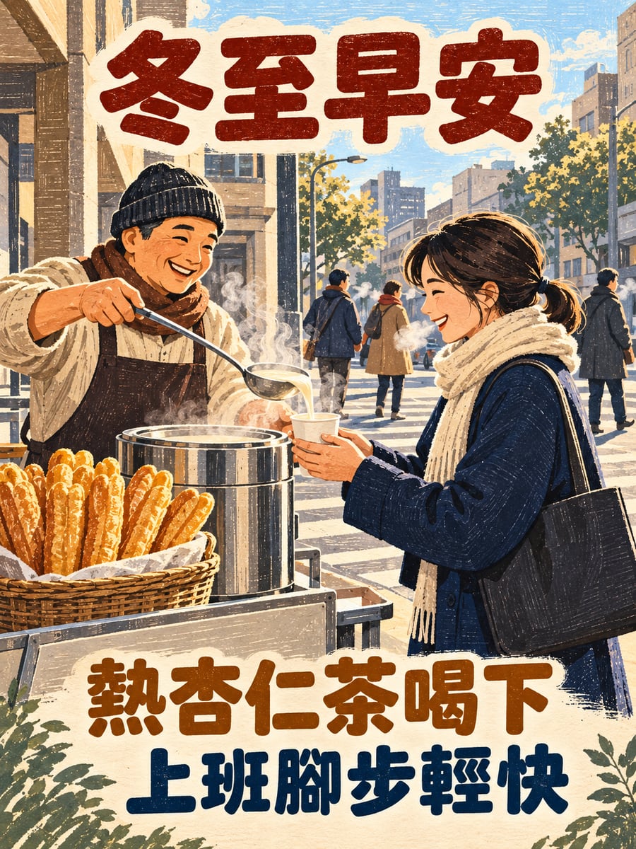 路口的熱杏仁茶攤車。圖中文字：冬至早安，熱杏仁茶喝下，上班腳步輕快