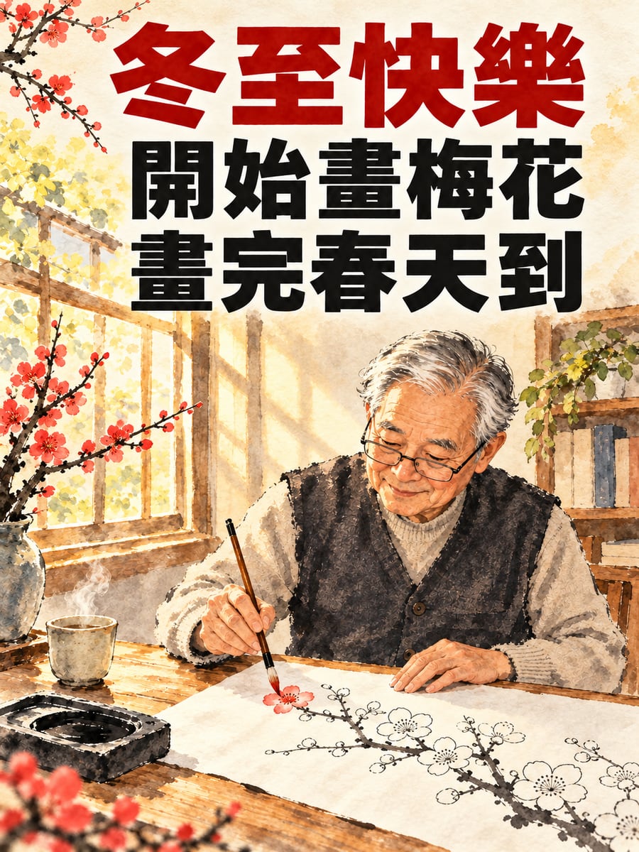 阿公畫梅花消寒圖。圖中文字：冬至快樂，開始畫梅花，畫完春天到