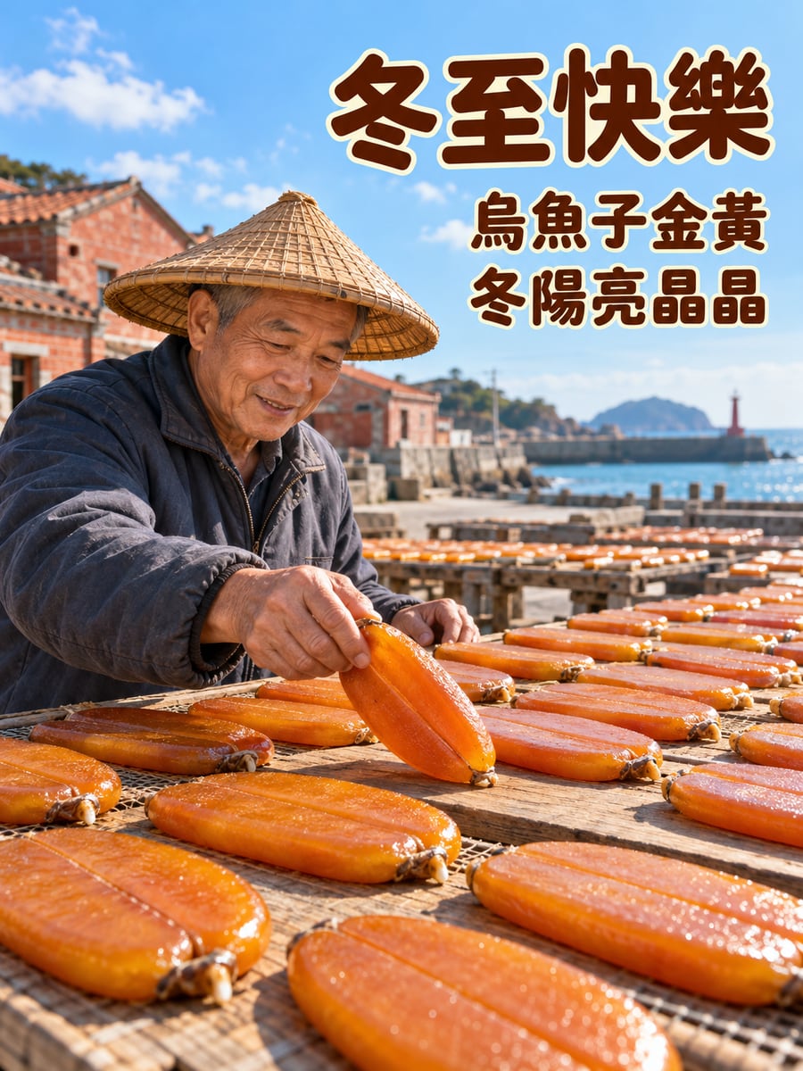 漁村曬烏魚子。圖中文字：冬至快樂，烏魚子金黃，冬陽亮晶晶
