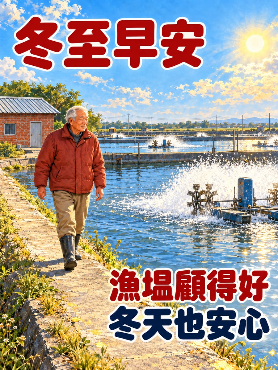 阿公巡漁塭。圖中文字：冬至早安，漁塭顧得好，冬天也安心