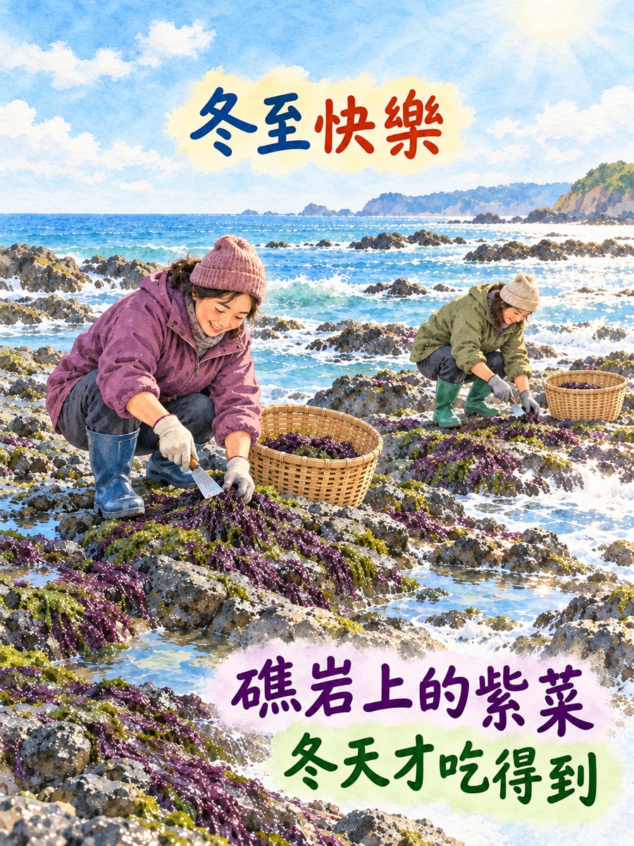 退潮礁岩採紫菜。圖中文字：冬至快樂，礁岩上的紫菜，冬天才吃得到