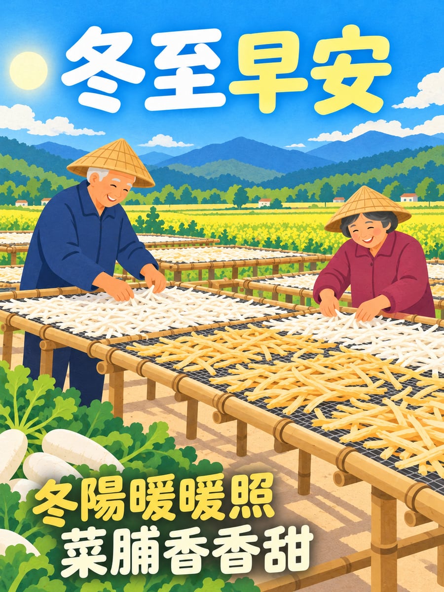 田裡曬菜脯。圖中文字：冬至早安，冬陽暖暖照，菜脯香香甜