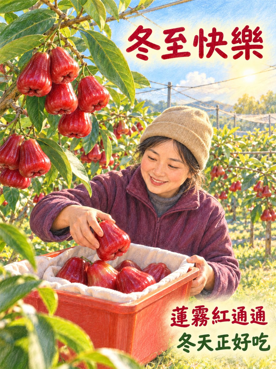 蓮霧紅通通。圖中文字：冬至快樂，蓮霧紅通通，冬天正好吃
