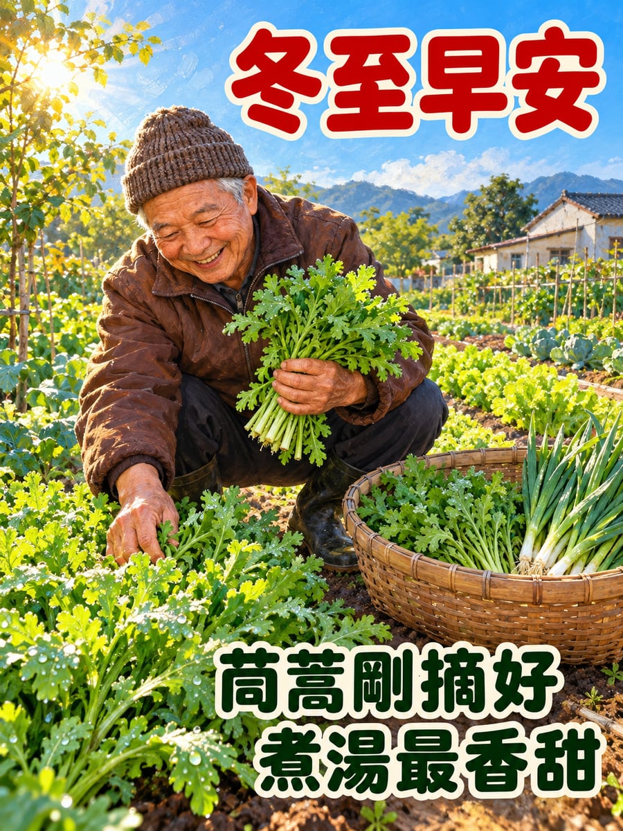阿公摘茼蒿。圖中文字：冬至早安，茼蒿剛摘好，煮湯最香甜