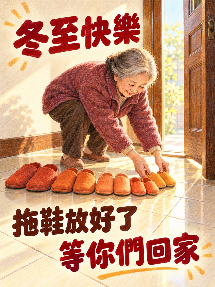 阿嬤排好家人的拖鞋。圖中文字：冬至快樂，拖鞋放好了，等你們回家