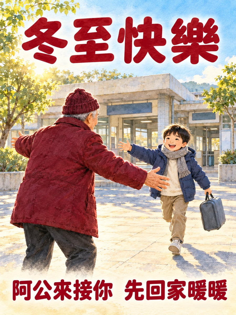 阿公到車站接孫子。圖中文字：冬至快樂，阿公來接你，先回家暖暖
