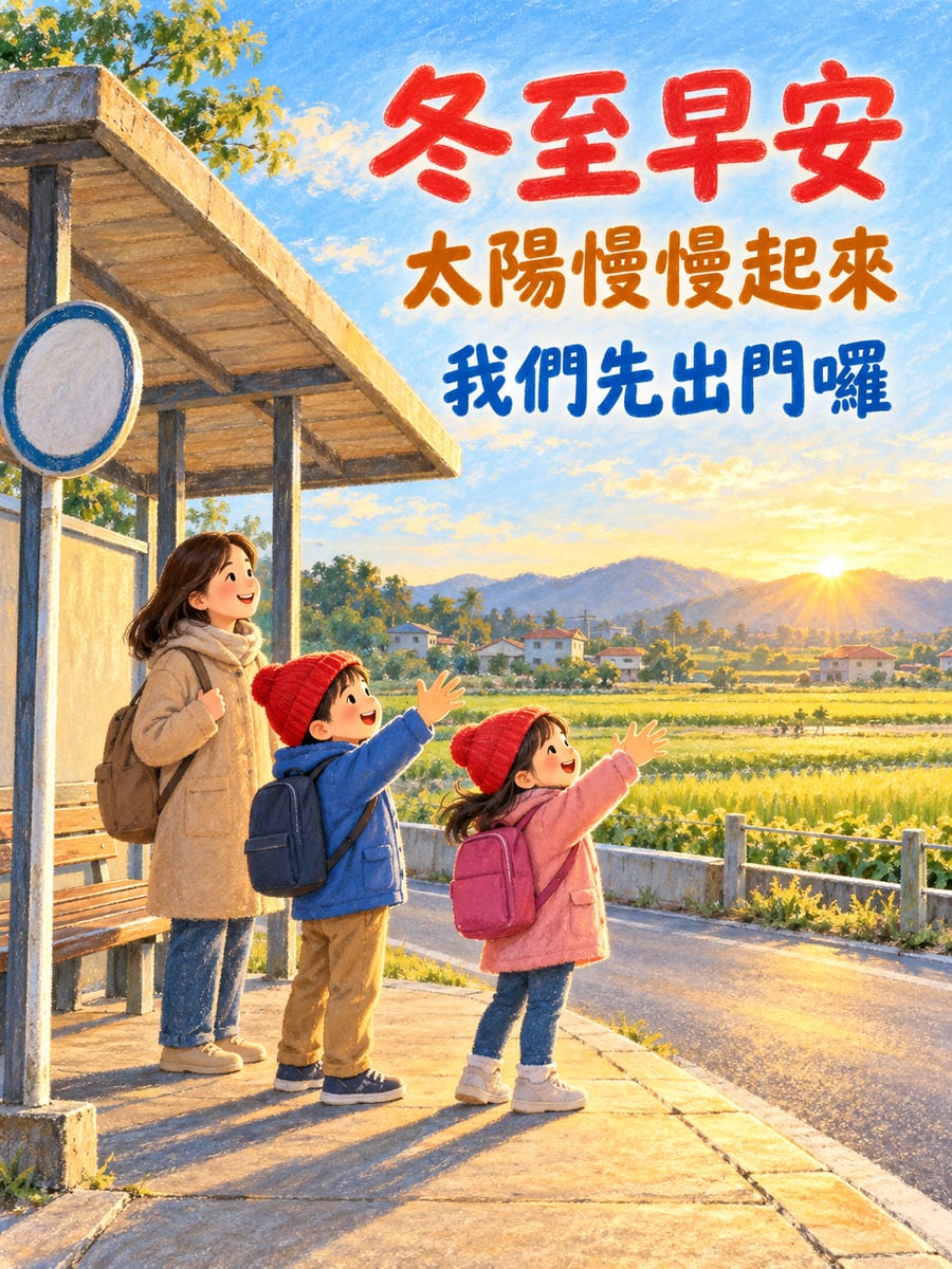 公車亭等太陽出來。圖中文字：冬至早安，太陽慢慢起來，我們先出門囉