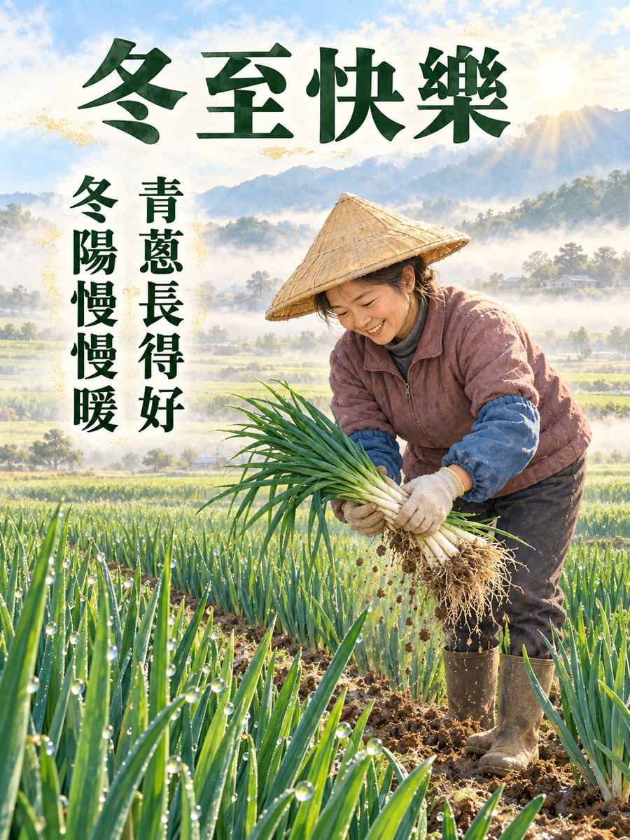 蔥田的早晨。圖中文字：冬至快樂，青蔥長得好，冬陽慢慢暖