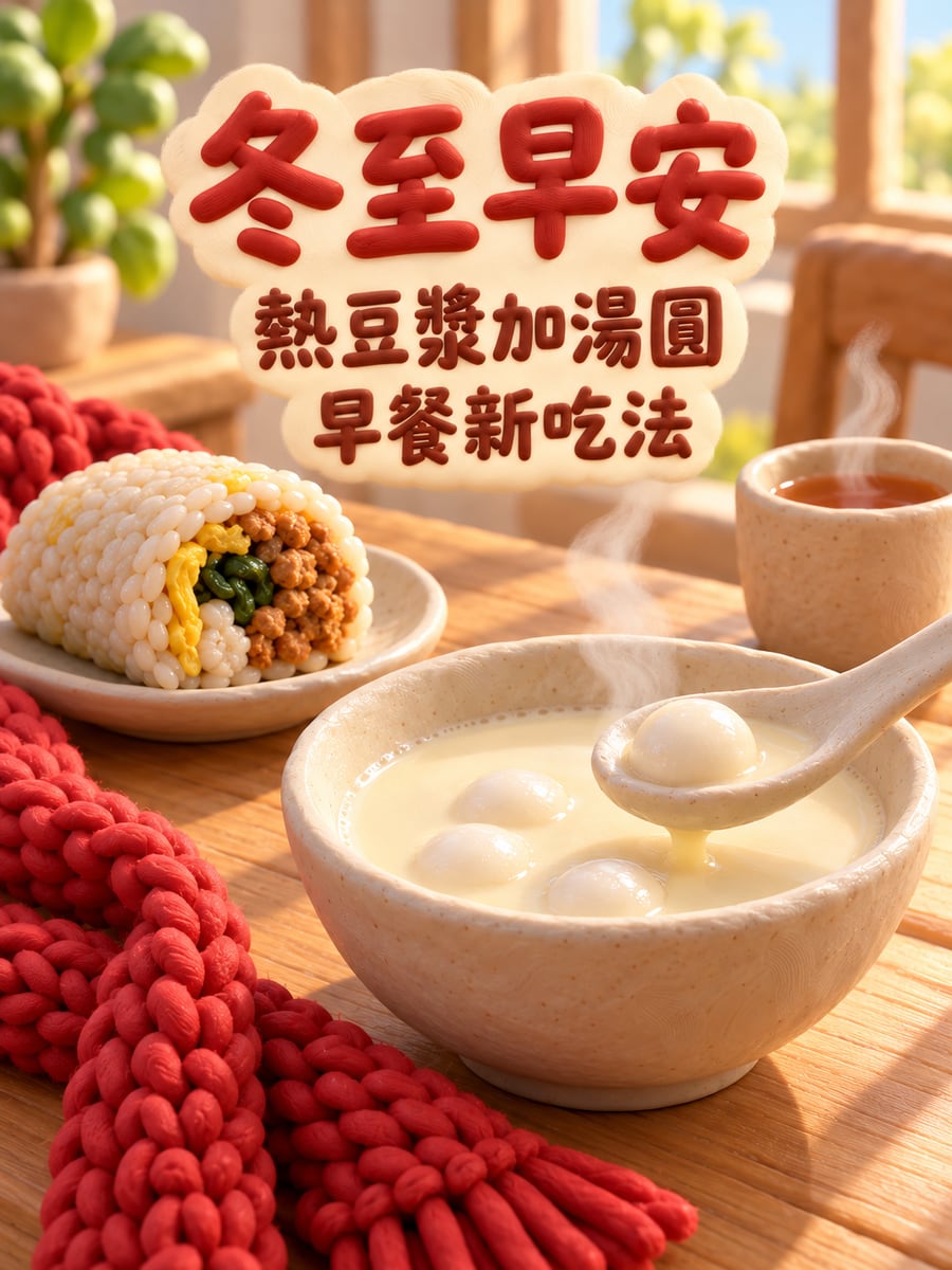 熱豆漿加小湯圓。圖中文字：冬至早安，熱豆漿加湯圓，早餐新吃法