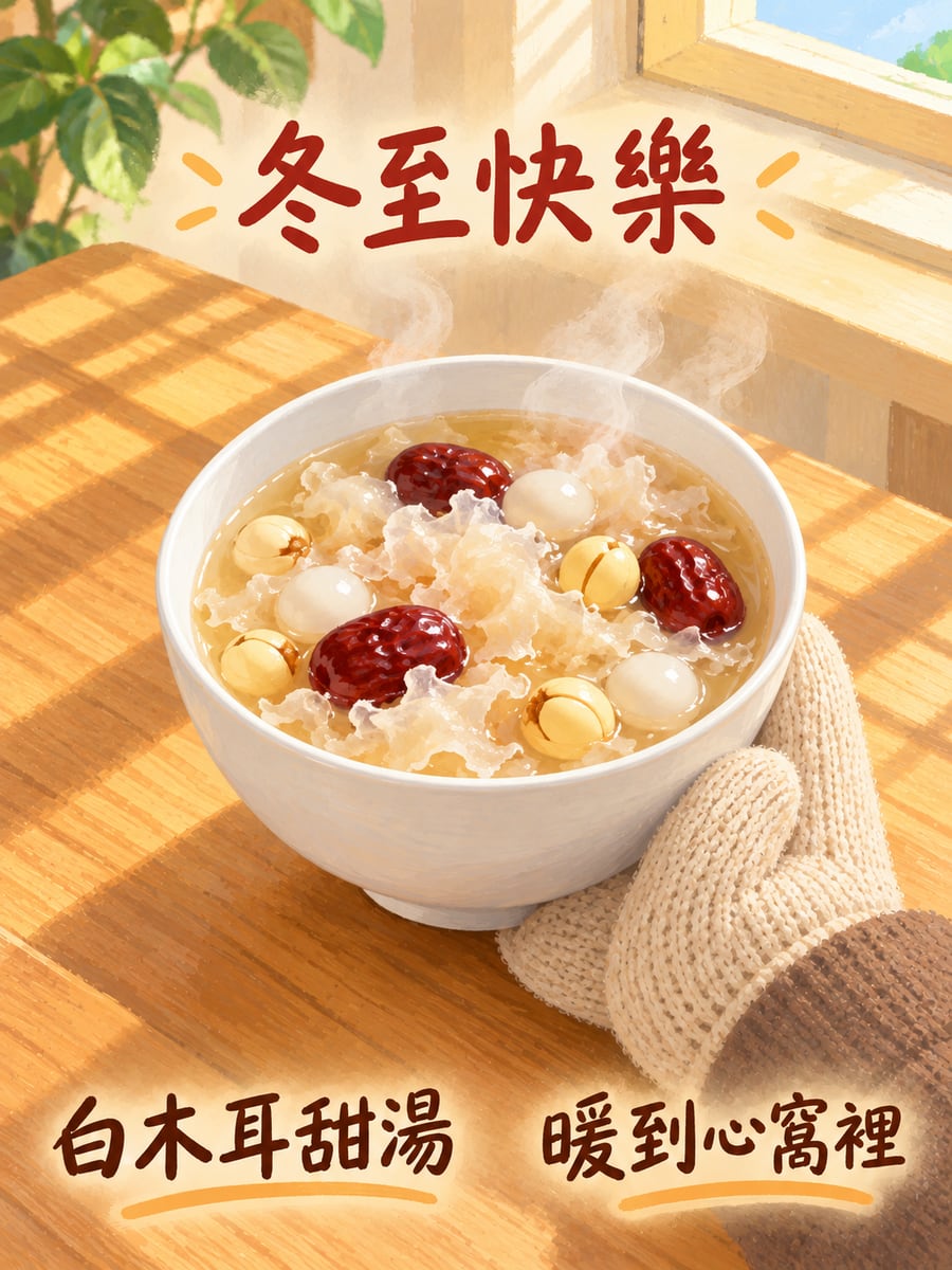 白木耳甜湯加湯圓。圖中文字：冬至快樂，白木耳甜湯，暖到心窩裡
