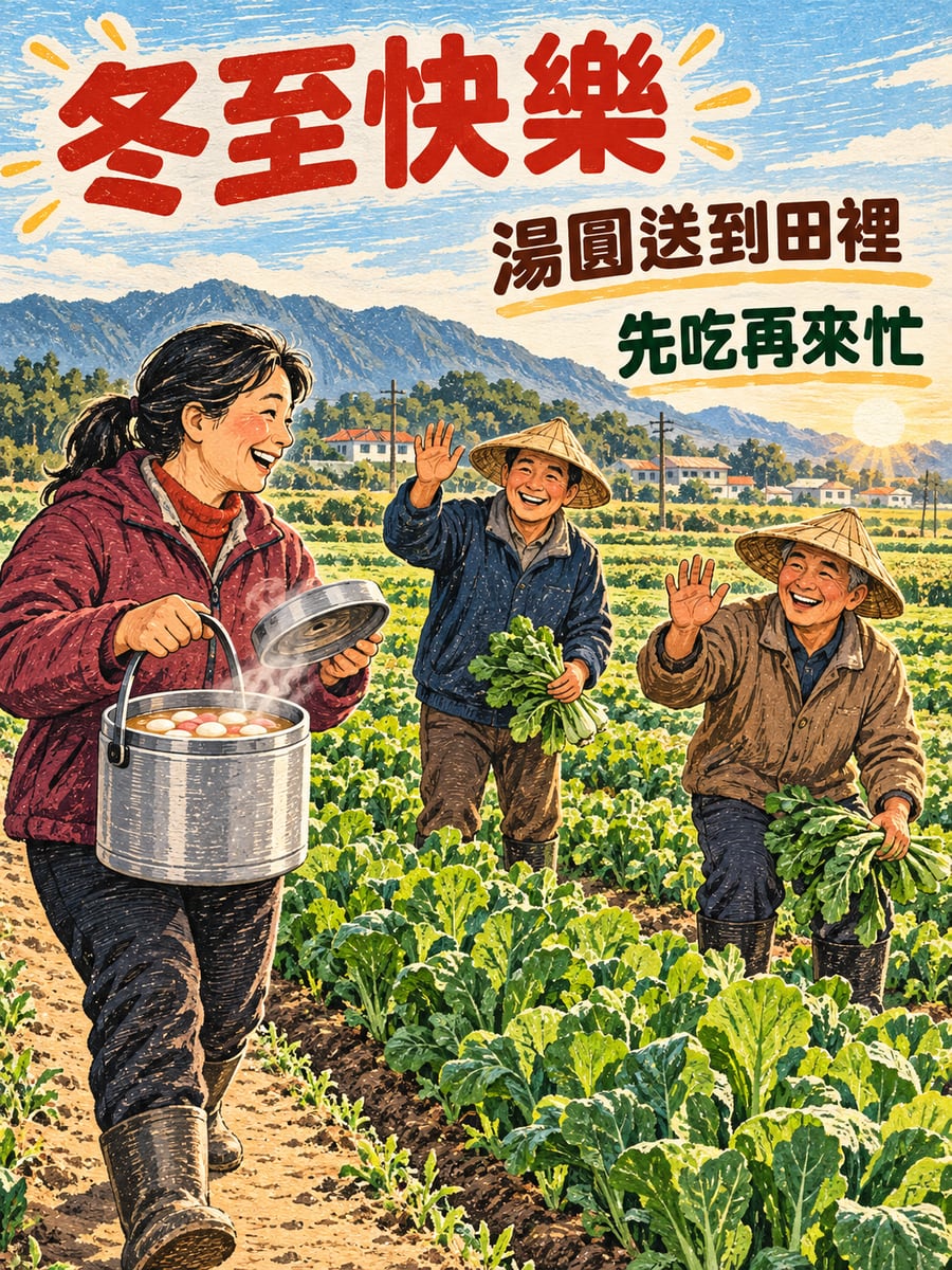 湯圓送到田裡。圖中文字：冬至快樂，湯圓送到田裡，先吃再來忙