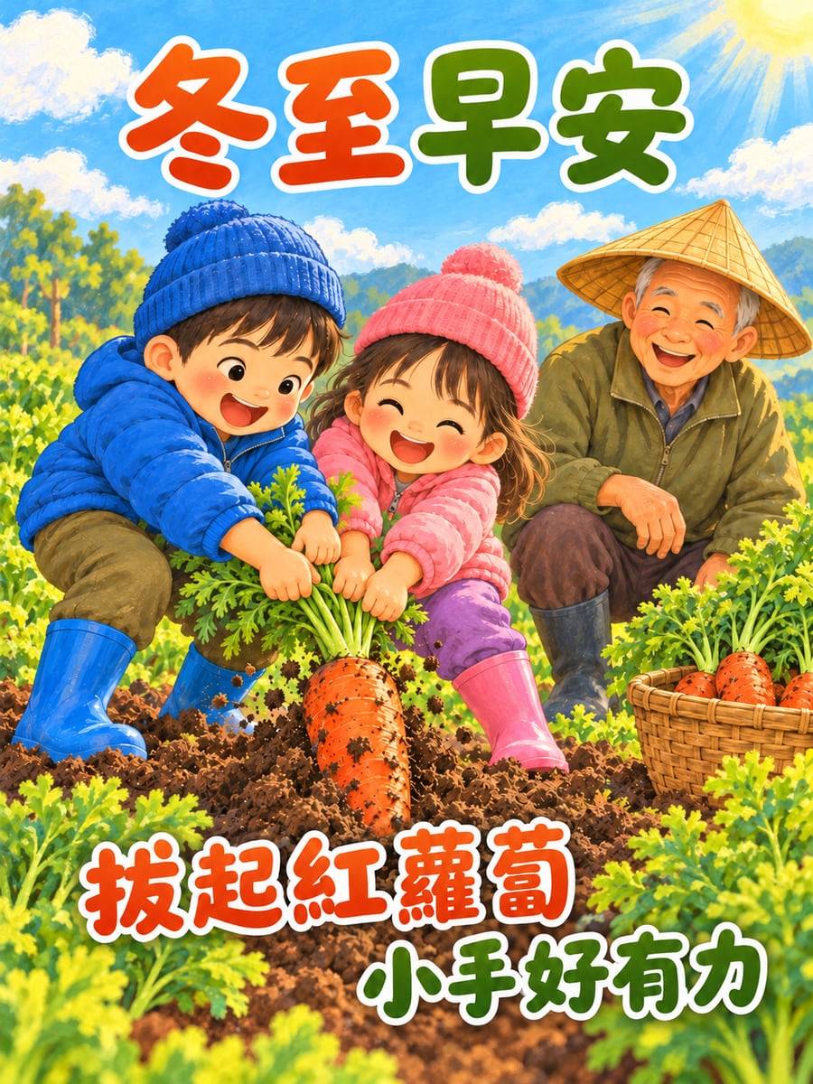 小手拔紅蘿蔔。圖中文字：冬至早安，拔起紅蘿蔔，小手好有力