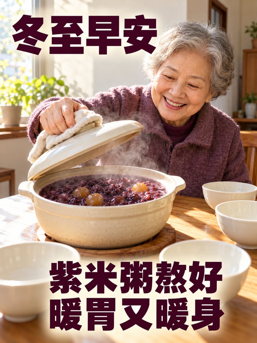 紫米桂圓粥熬好了。圖中文字：冬至早安，紫米粥熬好，暖胃又暖身