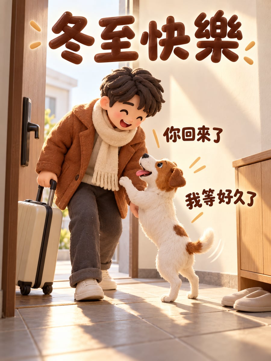 傑克羅素梗迎接家人回家。圖中文字：冬至快樂，你回來了，我等好久了