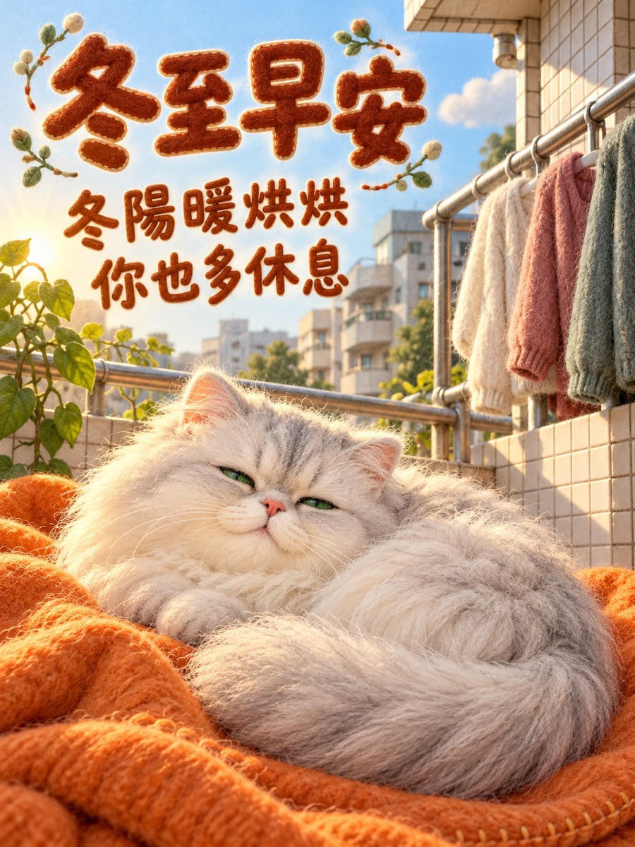 金吉拉曬冬陽。圖中文字：冬至早安，冬陽暖烘烘，你也多休息