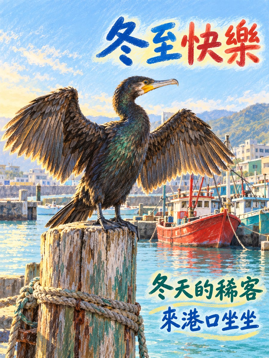 鸕鷀在漁港張開翅膀。圖中文字：冬至快樂，冬天的稀客，來港口坐坐