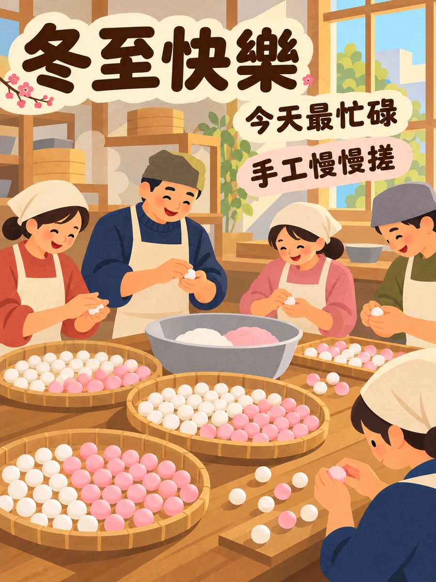 湯圓工坊最忙的早上。圖中文字：冬至快樂，今天最忙碌，手工慢慢搓