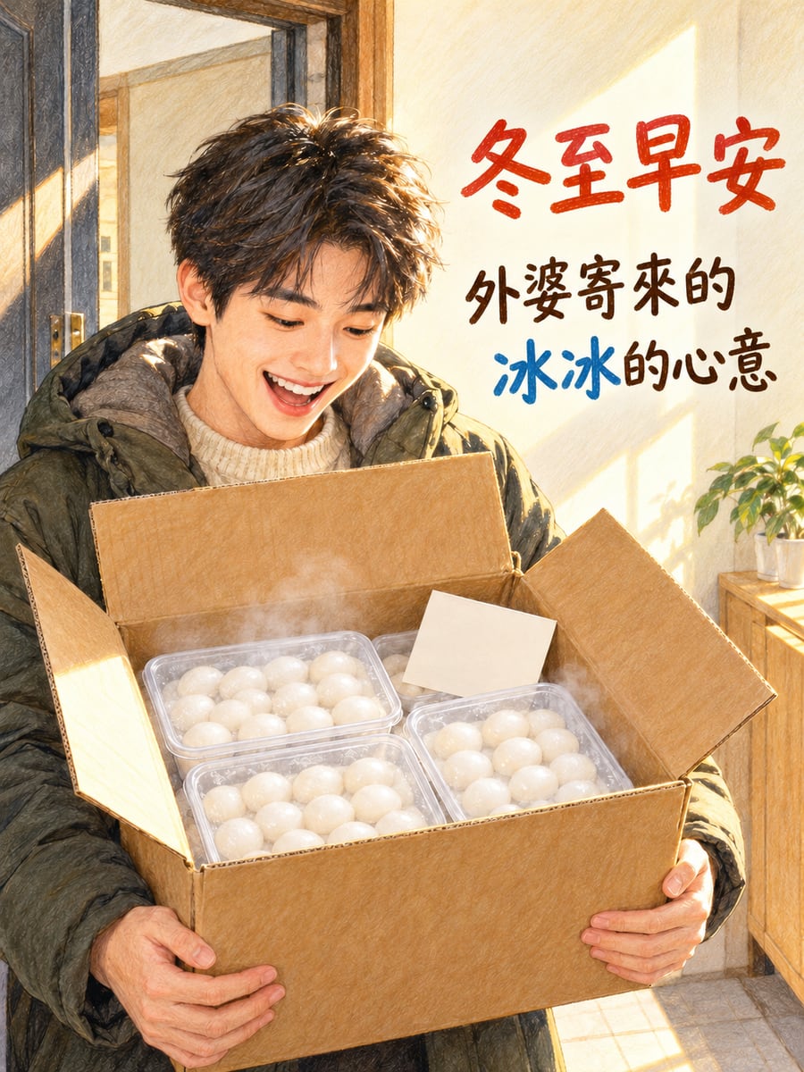 外婆寄來的手工湯圓。圖中文字：冬至早安，外婆寄來的，冰冰的心意