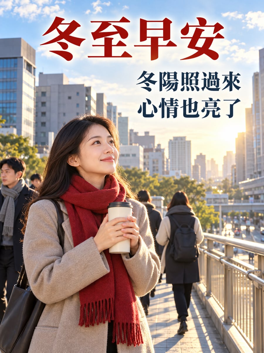 天橋上的冬陽。圖中文字：冬至早安，冬陽照過來，心情也亮了