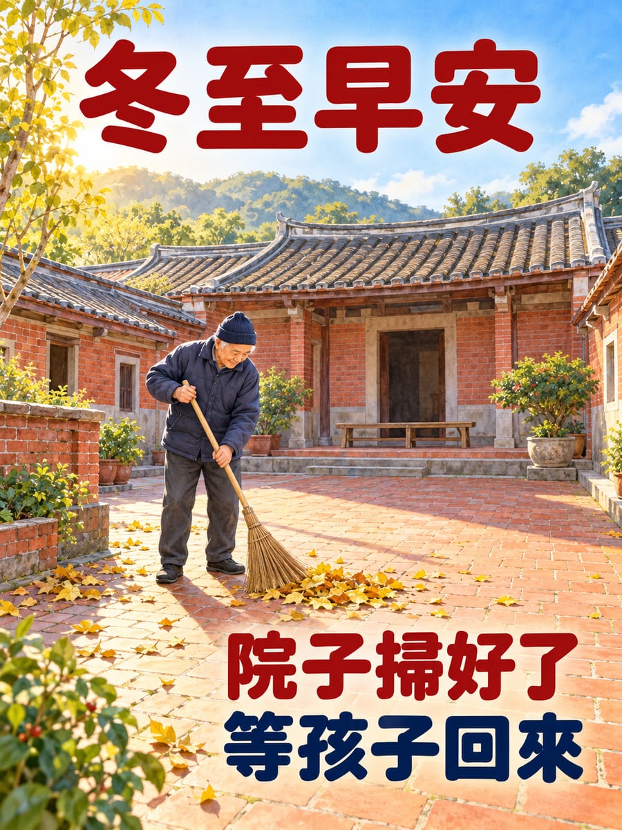 阿公掃好院子等孩子。圖中文字：冬至早安，院子掃好了，等孩子回來