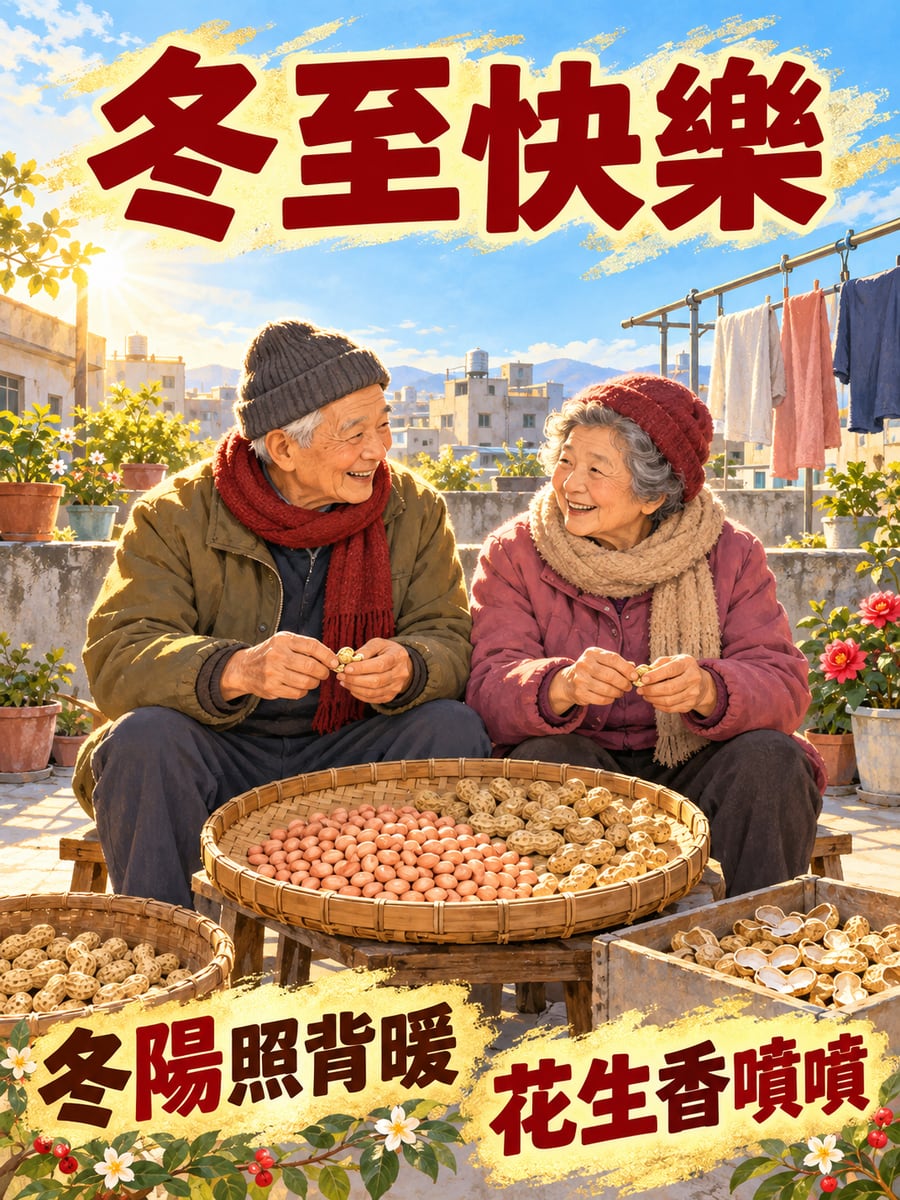 頂樓曬冬陽剝花生。圖中文字：冬至快樂，冬陽照背暖，花生香噴噴