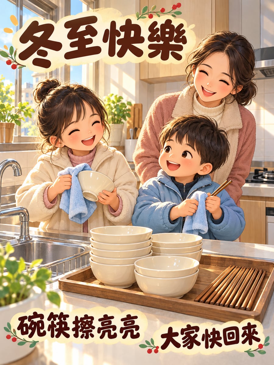 姊弟把碗筷擦亮。圖中文字：冬至快樂，碗筷擦亮亮，大家快回來
