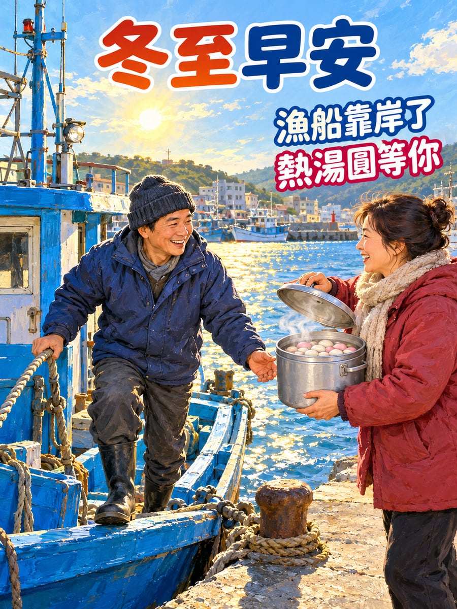 漁船靠岸有熱湯圓。圖中文字：冬至早安，漁船靠岸了，熱湯圓等你