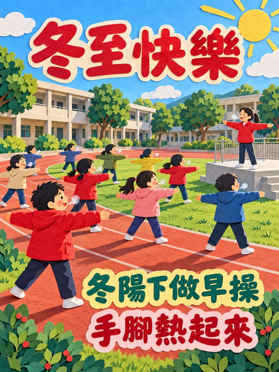 冬陽裡做早操。圖中文字：冬至快樂，冬陽下做早操，手腳熱起來