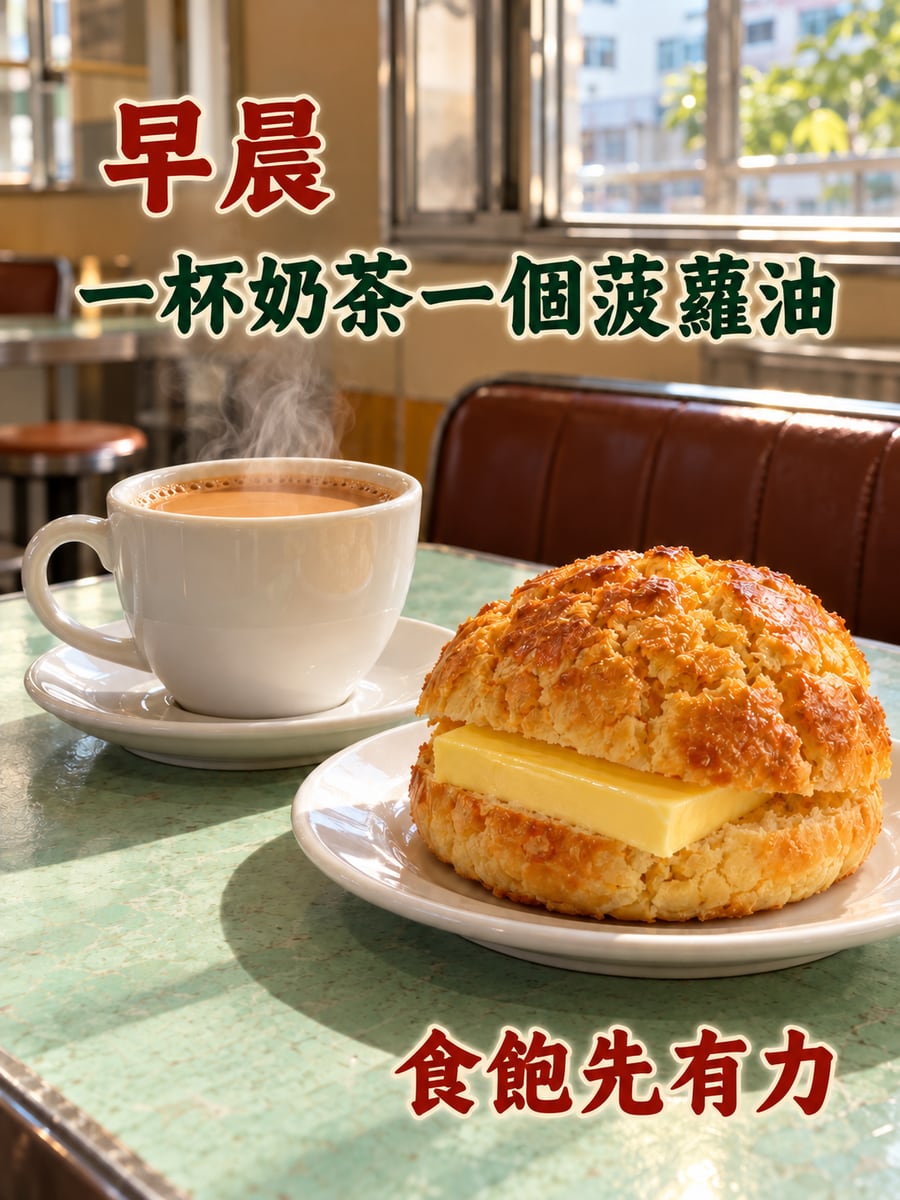 奶茶配菠蘿油。圖中文字：早晨，一杯奶茶一個菠蘿油，食飽先有力
