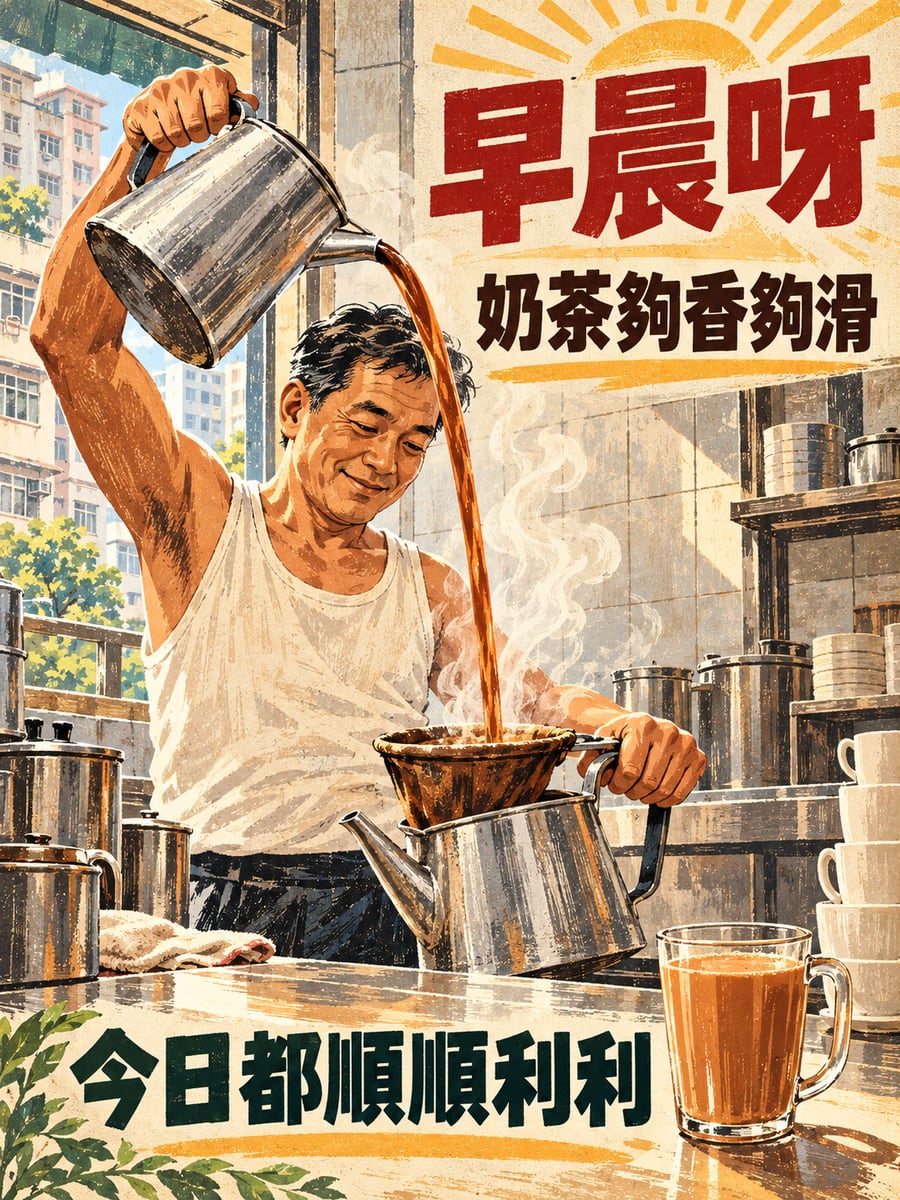 拉茶師傅。圖中文字：早晨呀，奶茶夠香夠滑，今日都順順利利