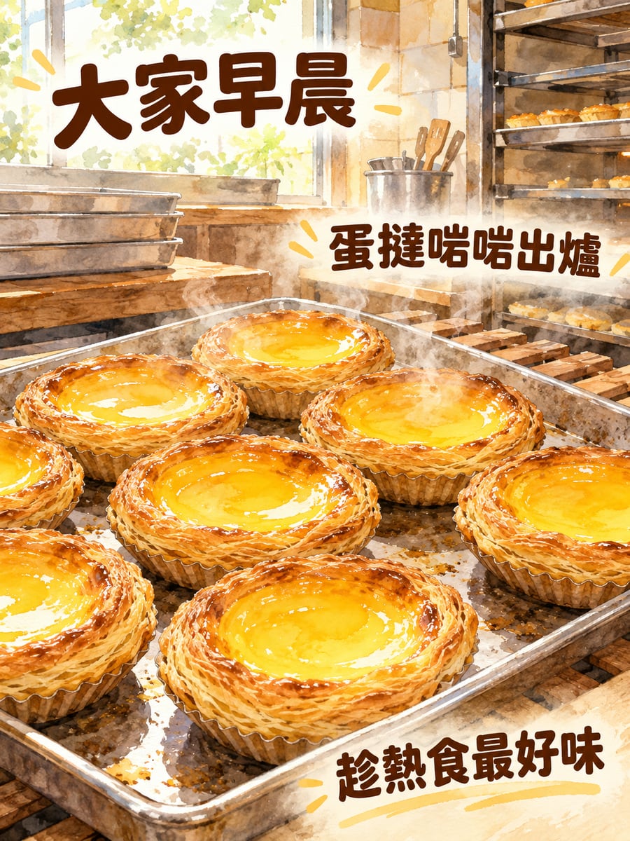 啱出爐蛋撻。圖中文字：大家早晨，蛋撻啱啱出爐，趁熱食最好味