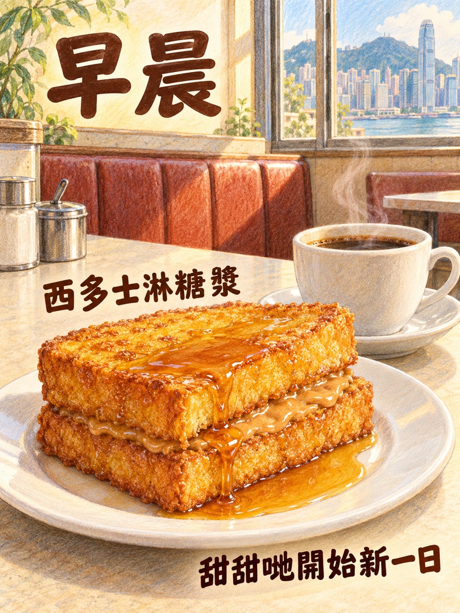 西多士。圖中文字：早晨，西多士淋糖漿，甜甜哋開始新一日