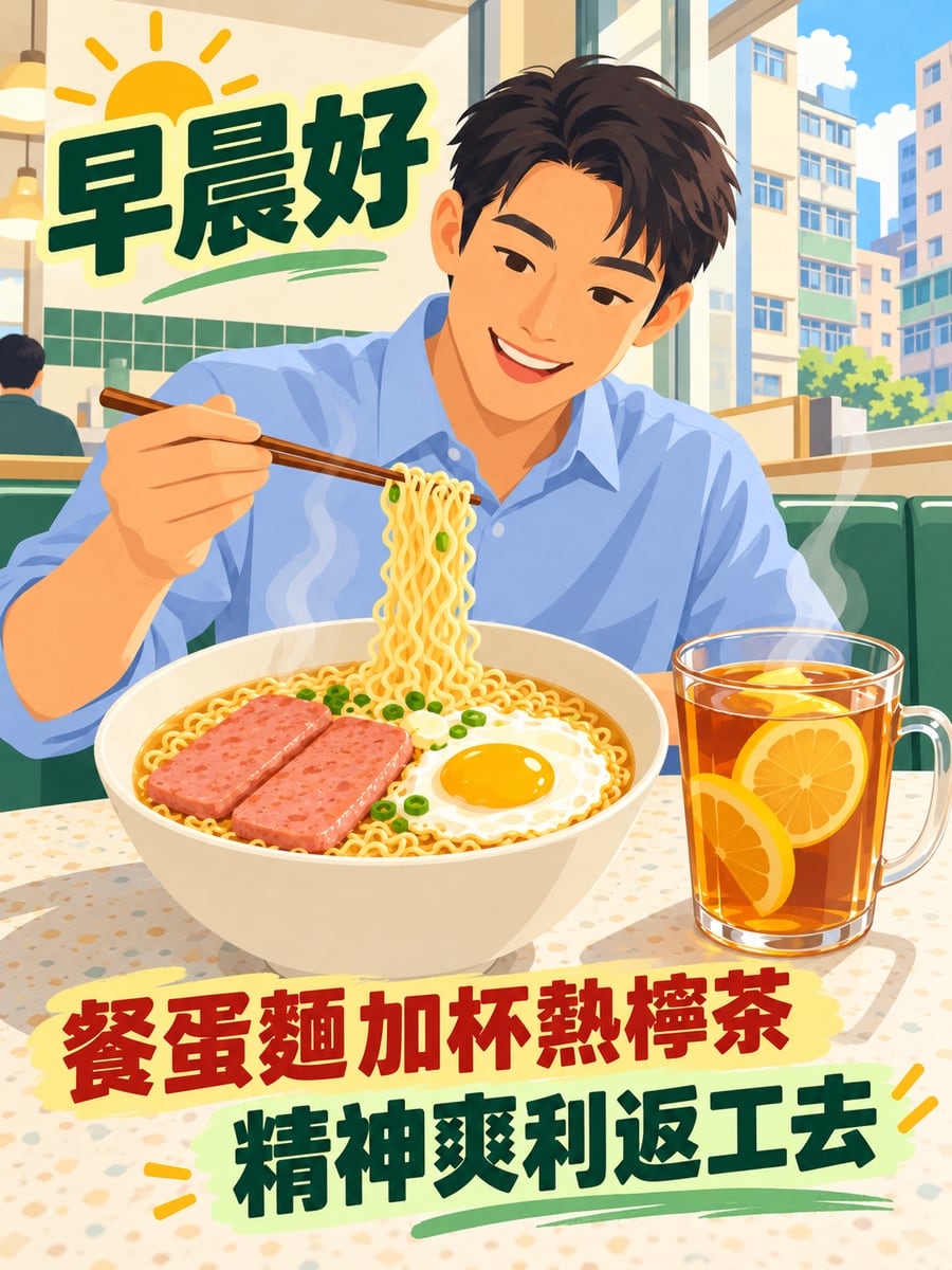 餐蛋麵。圖中文字：早晨好，餐蛋麵加杯熱檸茶，精神爽利返工去