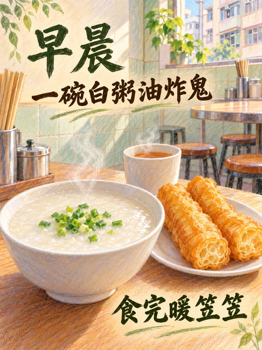 白粥油炸鬼。圖中文字：早晨，一碗白粥油炸鬼，食完暖笠笠