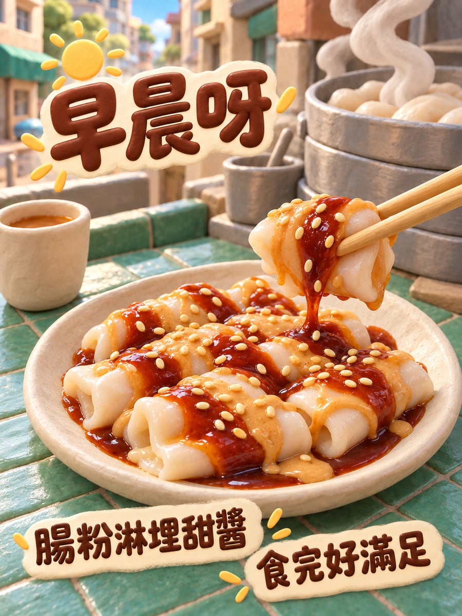 腸粉。圖中文字：早晨呀，腸粉淋埋甜醬，食完好滿足