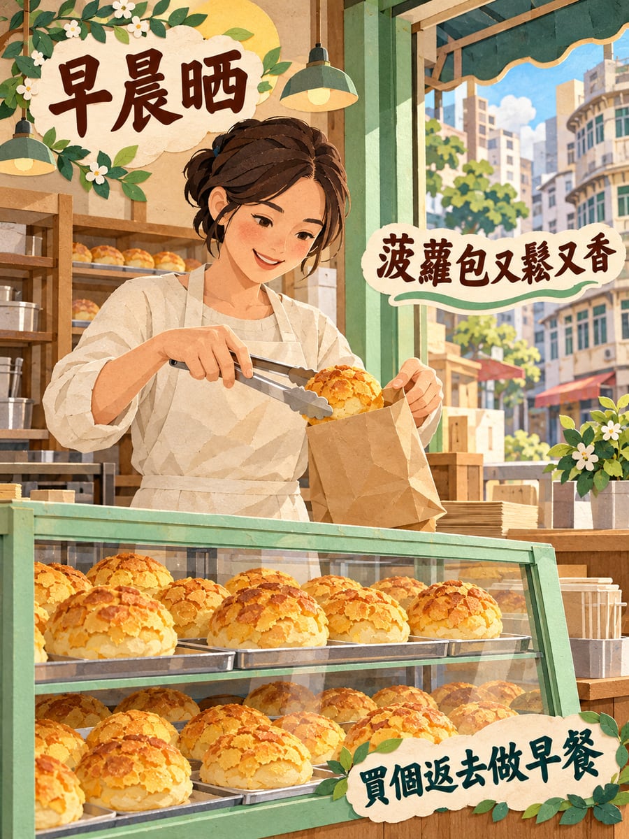 菠蘿包。圖中文字：早晨晒，菠蘿包又鬆又香，買個返去做早餐
