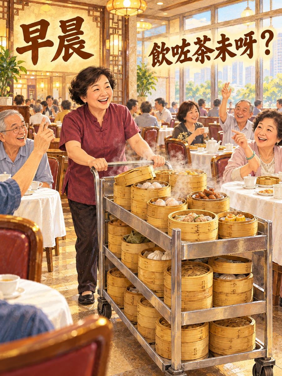 點心車。圖中文字：早晨，飲咗茶未呀？