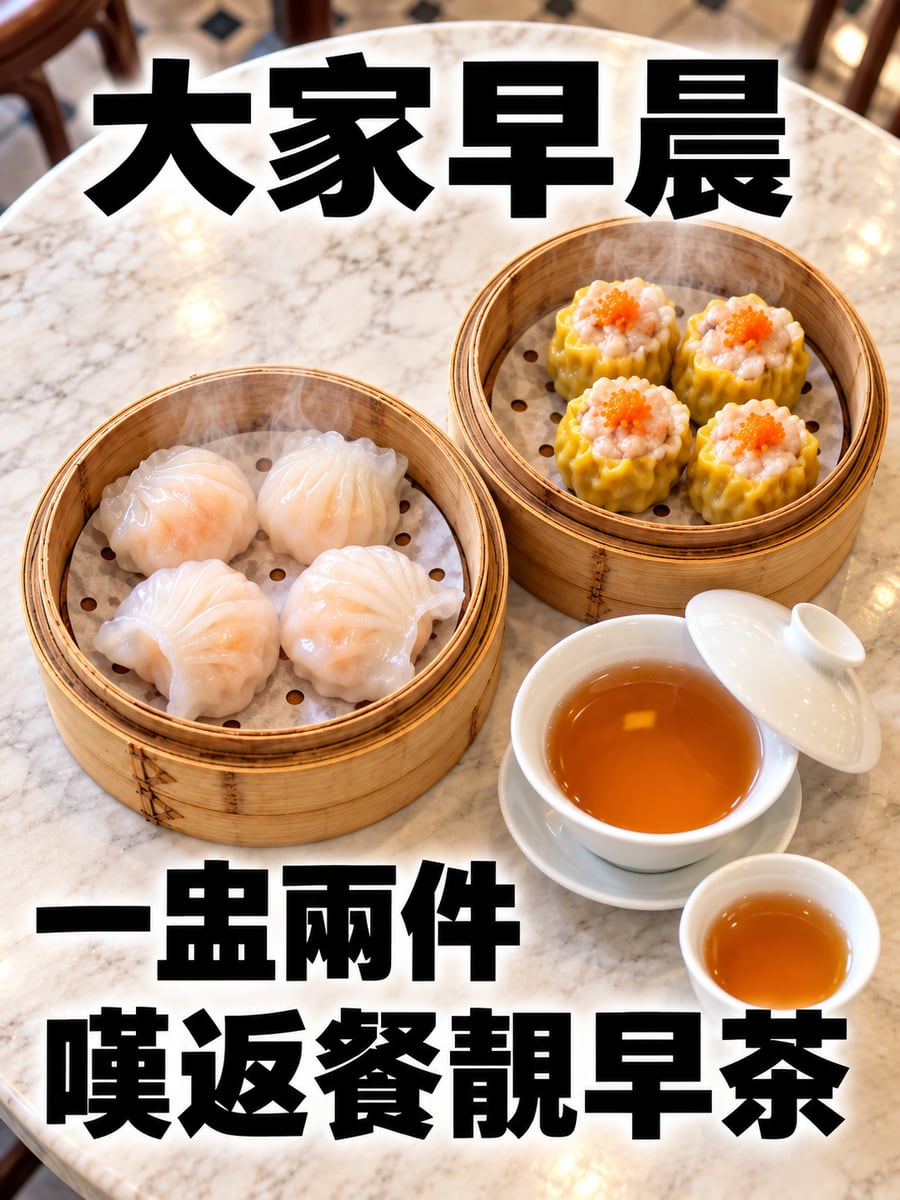 一盅兩件。圖中文字：大家早晨，一盅兩件，嘆返餐靚早茶