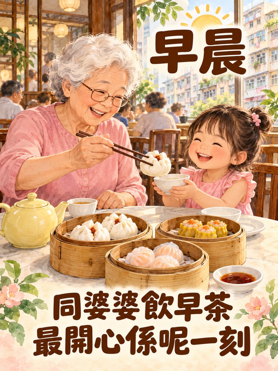 同婆婆飲茶。圖中文字：早晨，同婆婆飲早茶，最開心係呢一刻