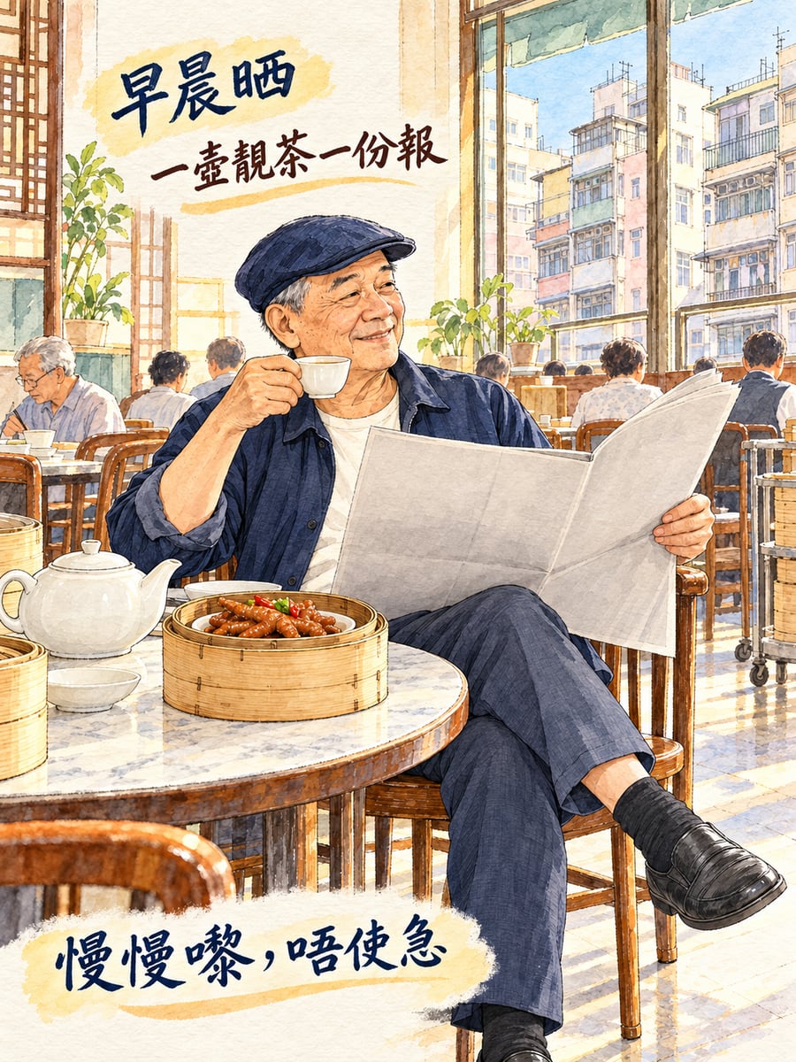 睇報紙嘆茶。圖中文字：早晨晒，一壺靚茶一份報，慢慢嚟，唔使急