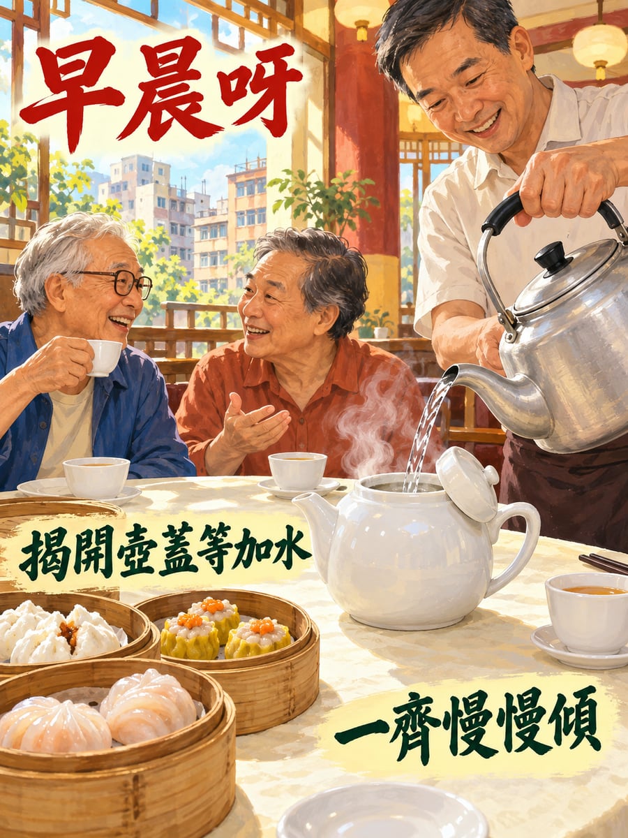 揭蓋加水。圖中文字：早晨呀，揭開壺蓋等加水，一齊慢慢傾