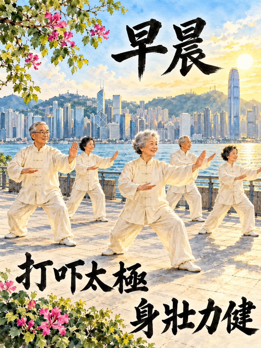 海濱打太極。圖中文字：早晨，打吓太極，身壯力健