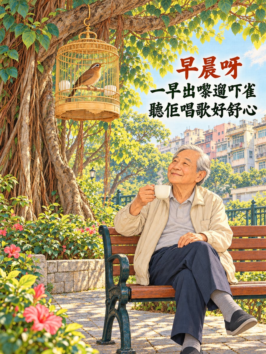 遛雀。圖中文字：早晨呀，一早出嚟遛吓雀，聽佢唱歌好舒心