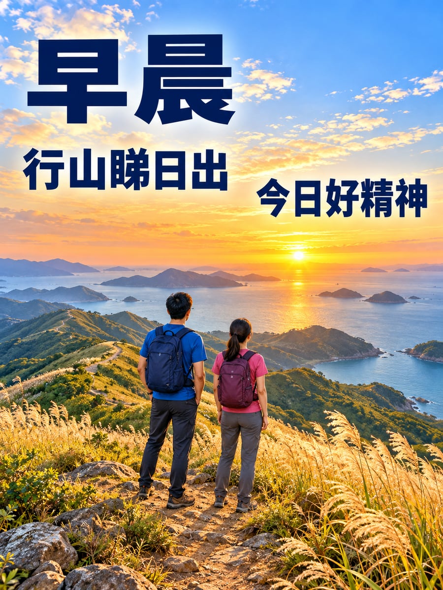行山睇日出。圖中文字：早晨，行山睇日出，今日好精神